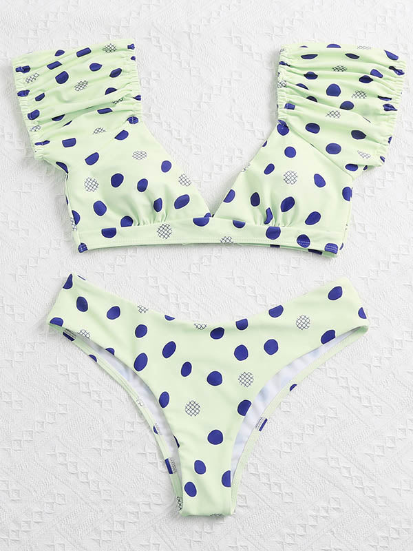 Polka-Dot Puff Sleeves Split Tankini Swimsuit