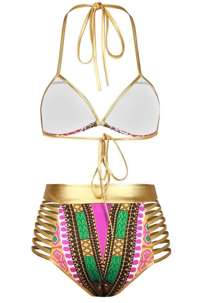 Triangel-Bikini-Badeanzug mit Riemchen und hoher Taille in Metallic-Optik - Zweiteiliges Set 