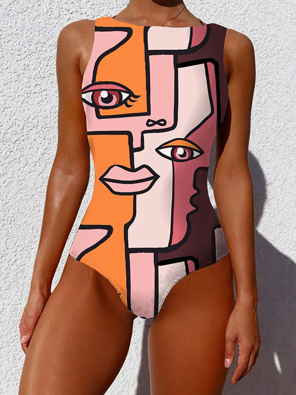 Abstract Printed Cartoon One-Piece Swimsuit