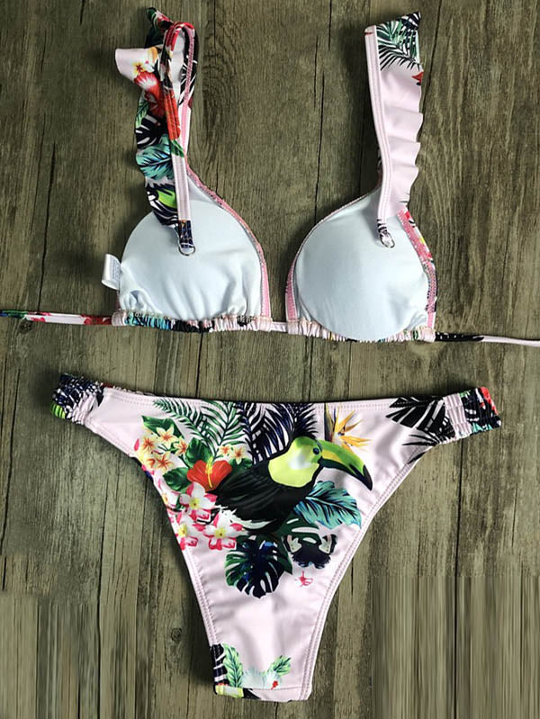 Bandage-Bikini-Badeanzug mit Blumenmuster und Dreiecken 