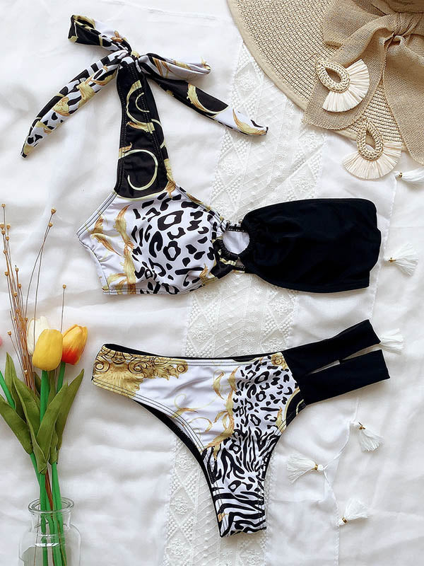 Leopard Print Split-Joint Asymmetric Split Bikini Swimsuit