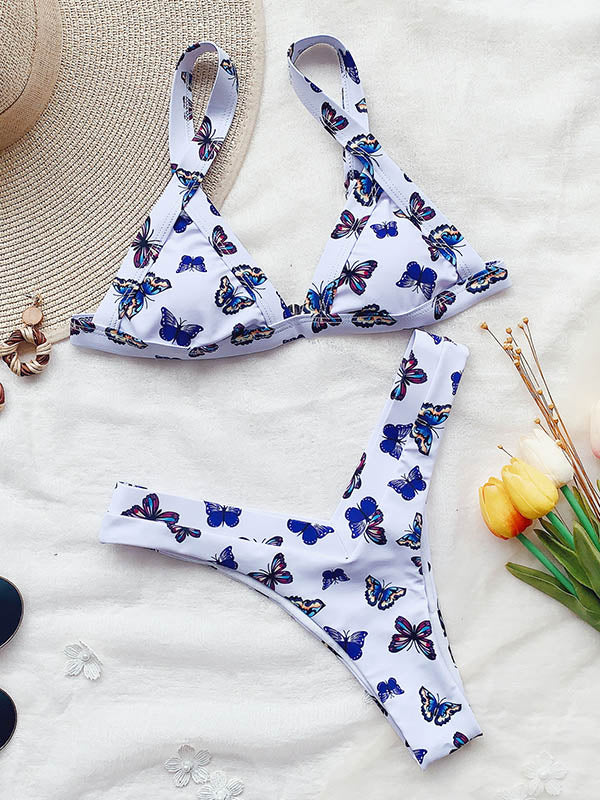 Floral-Print Triangles Split Bikini Swimsuit