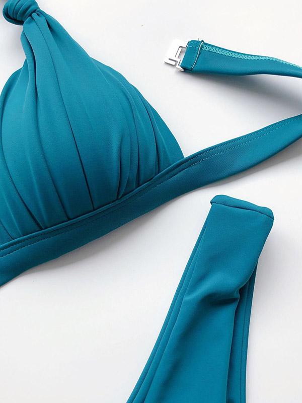 Solid Color Knotted Triangles Split Bikini Swimsuit