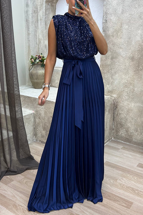 See You At The Party Sequin Patchwork Belt Pleated Maxi Dress