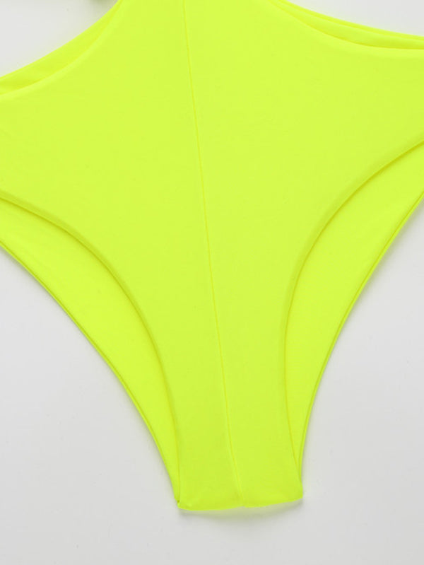 Sexy Fluorescent Color Bandage Hollow One-Piece Swimwear