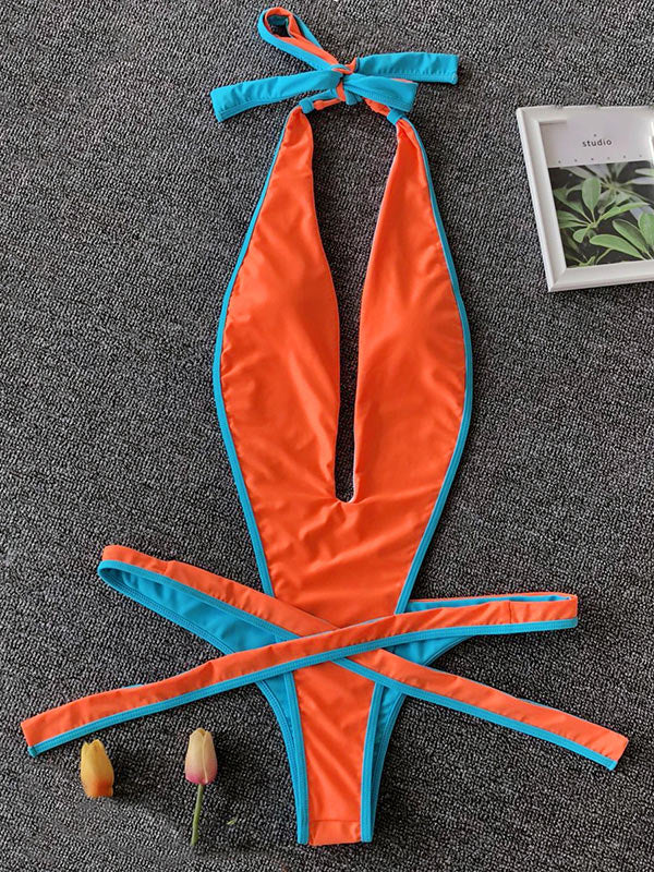 Monokini Plain Lace Up Thong Backless One-Piece Swimwear