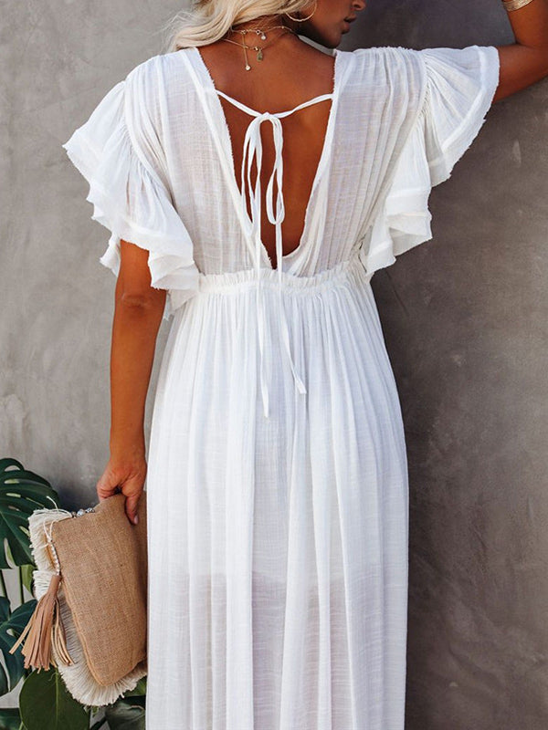 Short Sleeveless V-Back Drawstring Cover-Up Swimwear