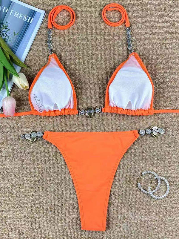 Solid Color Crystal Chain Bandage Bikini Swimsuit