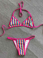 Rainbow Striped Cover-Ups Tops+Triangles Split Bikini Swimsuit Three-Piece Set