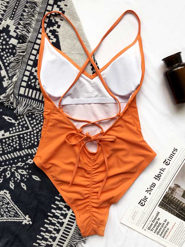 Solid Color V-Neck Backless Bandage Split Bikini Swimsuit