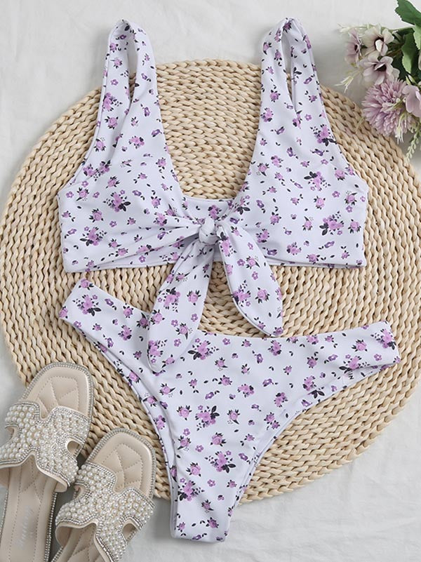 Bikini-Badeanzug mit Blumenmuster und Schlitz und Knoten 