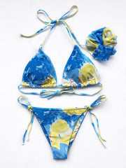 Tie-Dyed Printed Halterneck Split Bikini Swimsuit +Hair Ring