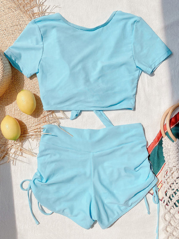 Simple Short Sleeve Bandage High-Waisted Drawstring Briefs Tankini Swimwear