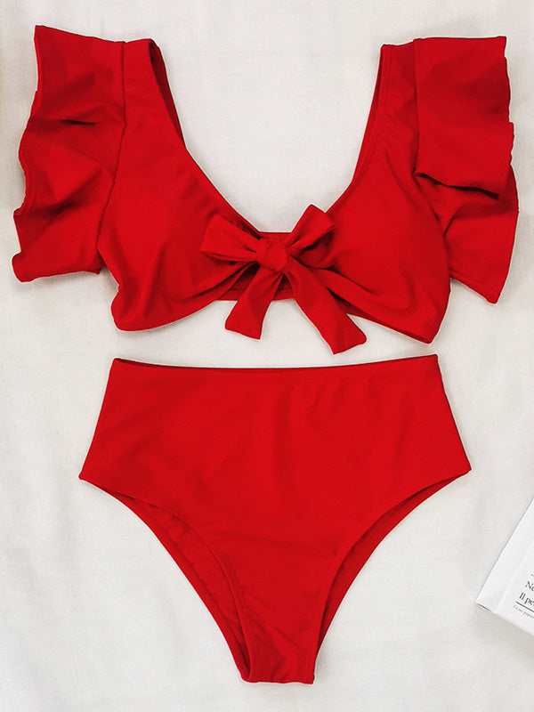 Ruffled Bowknot Split-Front Bikini Swimwear