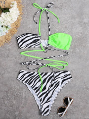 Color-Block Striped Backless Bralette High-Waisted Bikini Swimwear