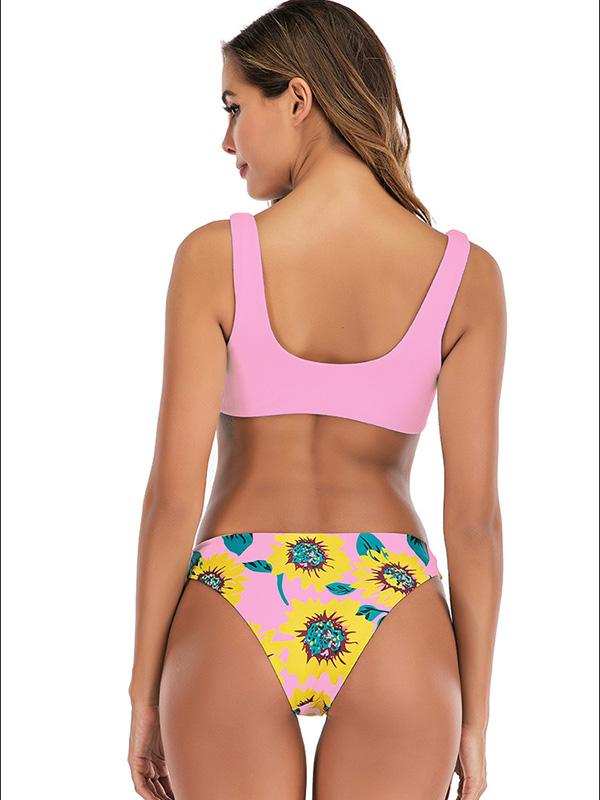 Color-Block Floral-Print Knotted Split Bikini Swimsuit