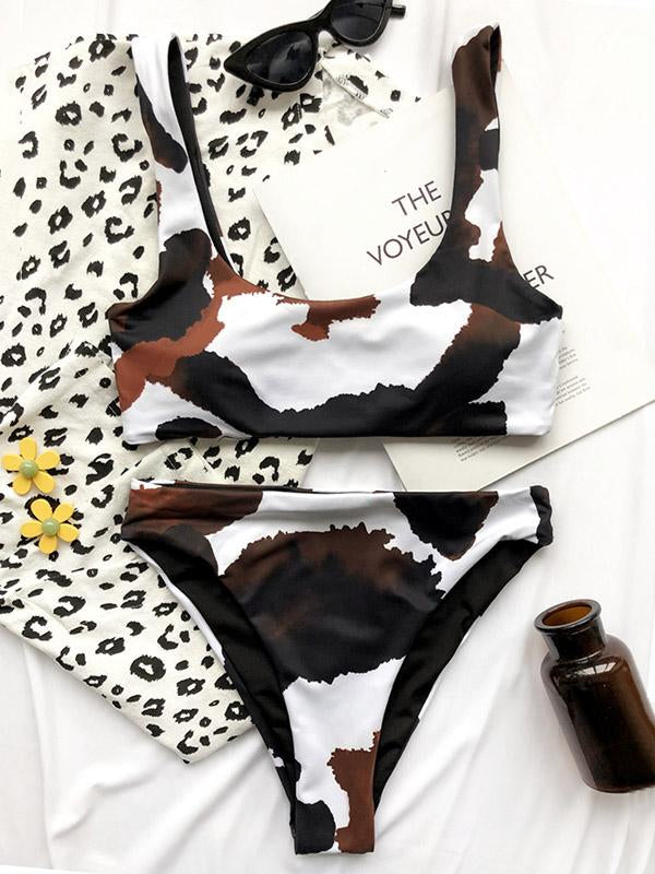 Cow Pattern U-Neck Split Bikini Swimsuit