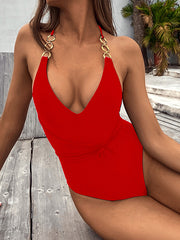 Split-Joint Chains Halterneck Backless One-Piece Swimwear