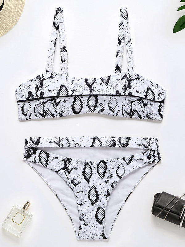 Sleeveless Snake-Print Hollow High-Waisted Bikini Swimwear