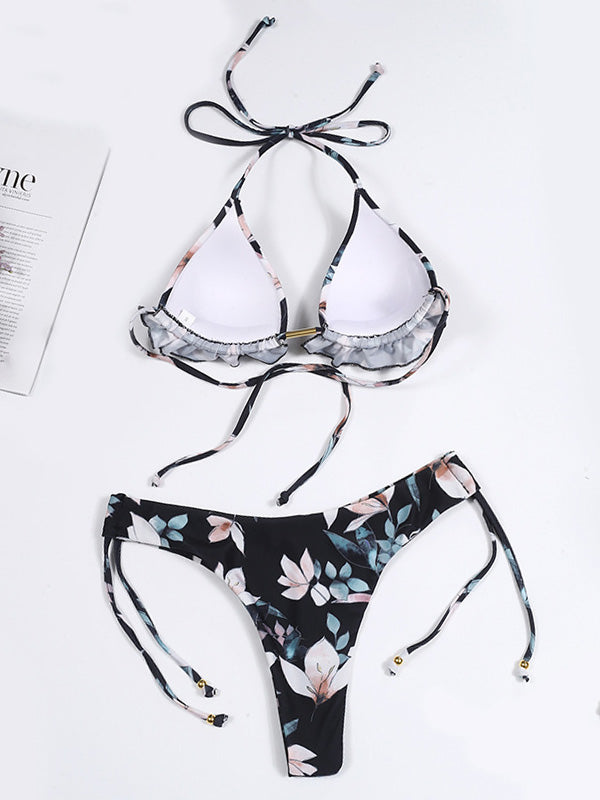 Halterneck Backless Triangles Tie Side Bikini Swimwear