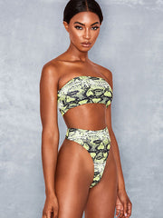 Snake-Print Backless Split Bikini Swimsuit