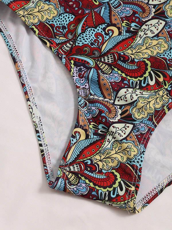 Ethnic Printed Knotted Split Bikini Swimsuit+Mask