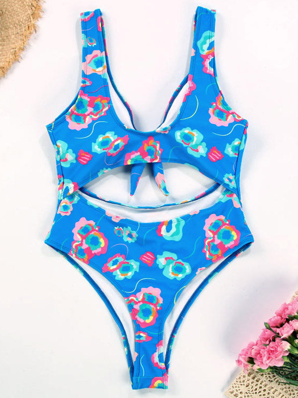 Floral Print Sleeveless Twist Knotted Hollow One-Piece Swimwear