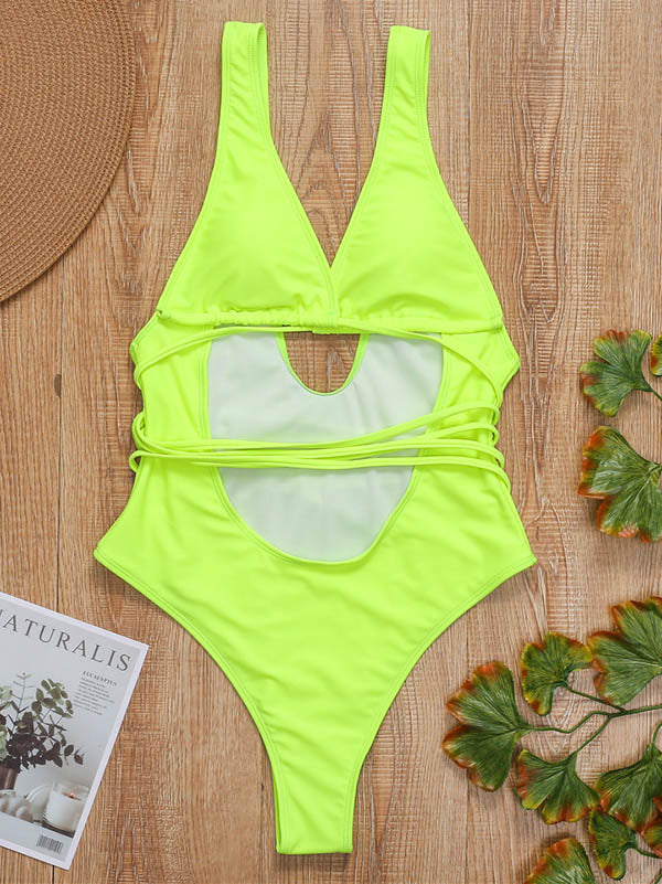 Solid Color Bandage Hollow One-Piece Swimwear