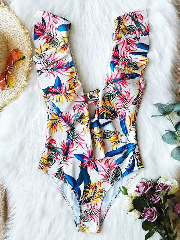 Floral Printed Falbala Backless  One-Piece Swimsuit