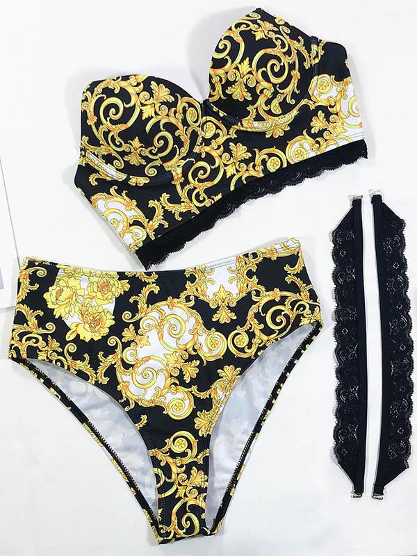 Bandeau-Bikini-Badeanzug mit Schlitz und Bügel mit Blumenmuster 