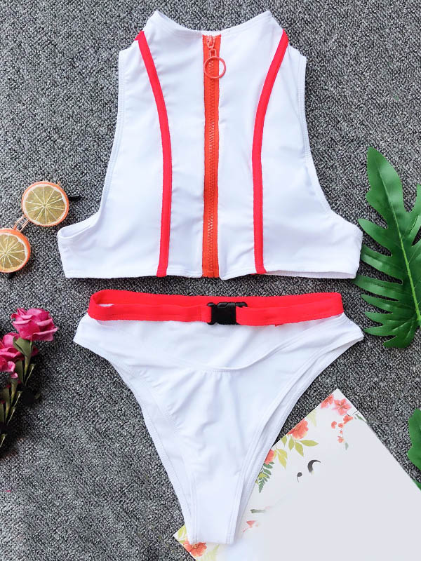 Sleeveless V-Neck Padded Zipper Hipster Bikini Swimwear