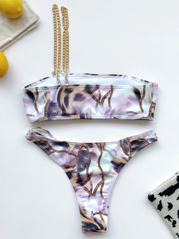 Asymmetric One-Shoulder Embellished Split Bikini Swimsuit