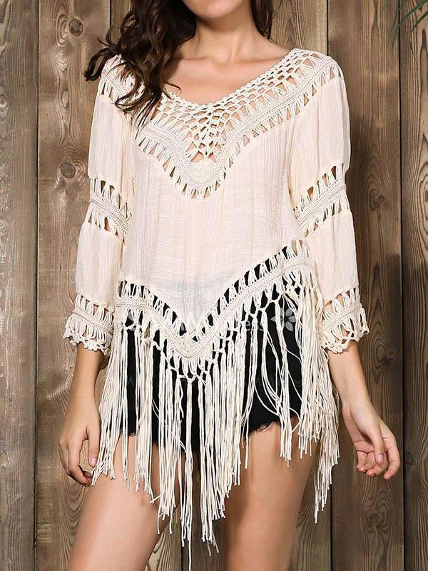 Sexy Crochetgo Split-Joint Tasseled Half Sleeve Cover-Ups Tops