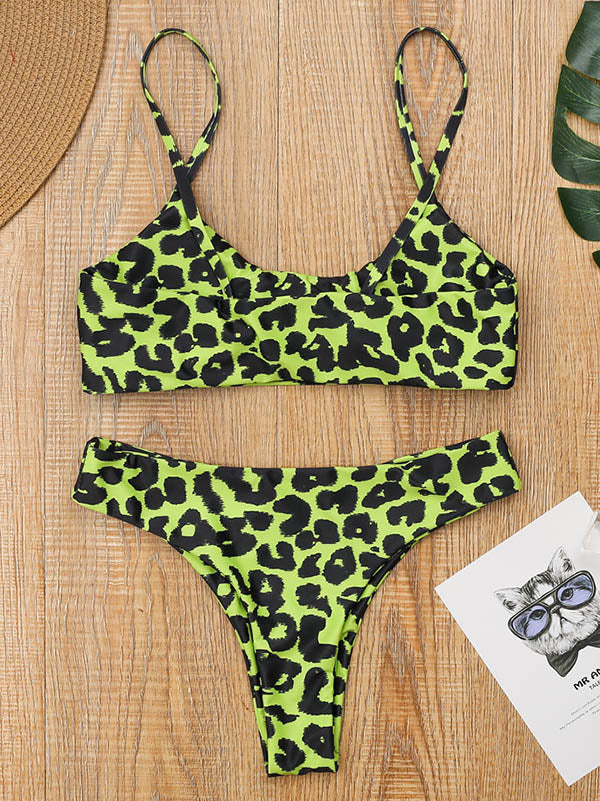 Leopard Print Spaghetti-Neck Split Bikini Swimsuit