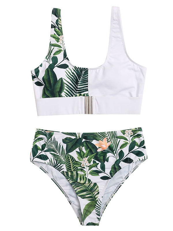 Asymmetric Floral-Print Split-Joint Embellished Split Bikini Swimsuit