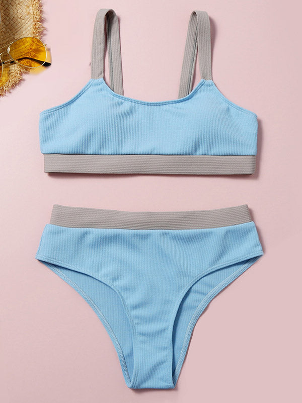 Color-Block Sleeveless Bralette High-Waisted Simple Bikini Swimwear