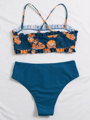 Bandeau-Bikini-Badeanzug mit Schlitz und Blumenmuster in Farbblock-Optik 