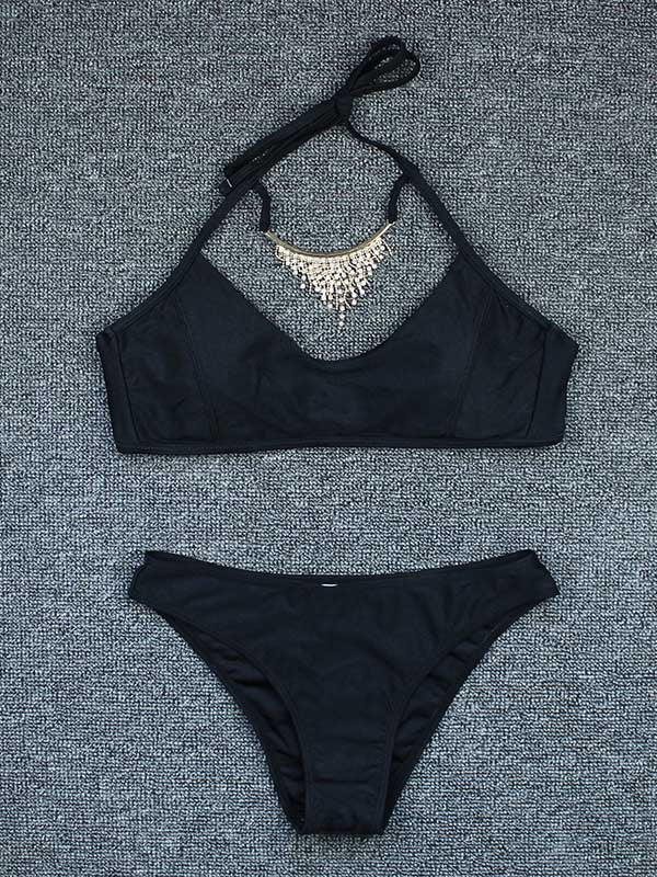 Gorgeous Embellished Solid Color Halterneck Split Bikini Swimsuit