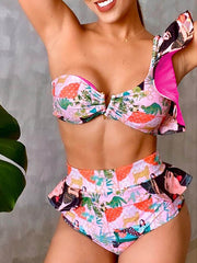 Einschultriger Bandeau-Bikini mit hoher Taille und Blumenmuster 