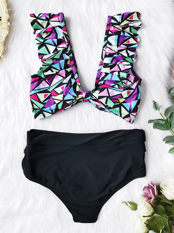 Falbala Floral Printed Split Bikinis Swimsuit