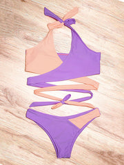 Contrast Color Split-Joint Bandage Split Bikini Swimsuit