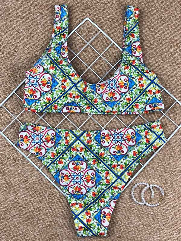 Paisley Print High-Waisted Bikini Swimsuit