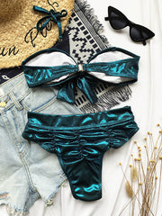 Shining Knotted Bandeau Belted Split Bikini Swimsuit