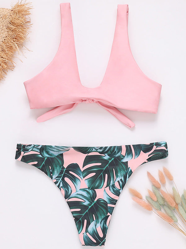 Floral-Print Color-Block Knotted Split Bikini Swimsuit