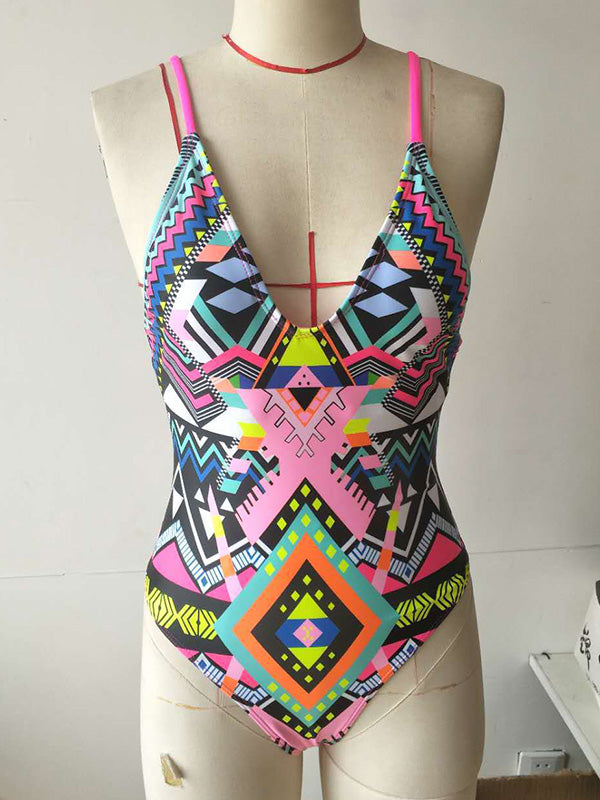 Spaghetti-Neck  Floral Print Tight One-Piece Swimwear