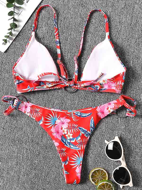 Three-Piece Floral Print Bandage Tie Side Bikini Swimwear