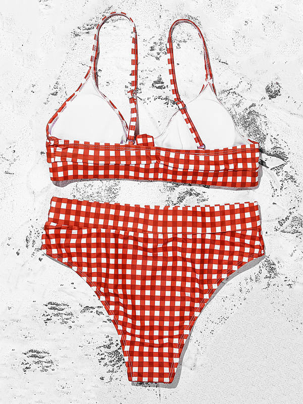 Plaid Printed Knotted Spaghetti-Neck Split Bikini Swimsuit