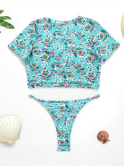 Floral-Print Short Sleeve Split Handsome Wetsuit