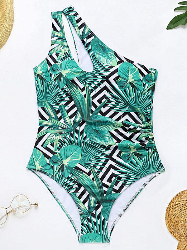 Floral Print One-Shoulder Tight Beach One-Piece Swimwear