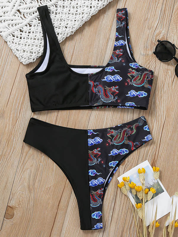 Color-Block Split-Joint U-Neck Split Bikini Swimsuit